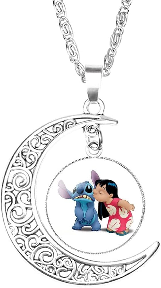 AIIGOU Moon Pendant Necklace Stitch and Turtle Necklace jewelry, Crescent Cartoon Necklace