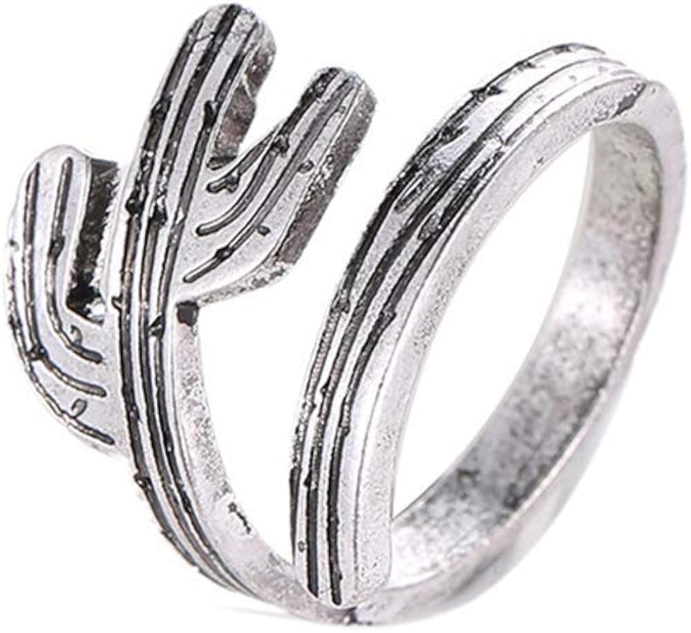 Vintage Cacti Tree Open Ring Hollow Tree Geometric Finger Cactus Ring For Women Fashion Jewelry (Silver)
