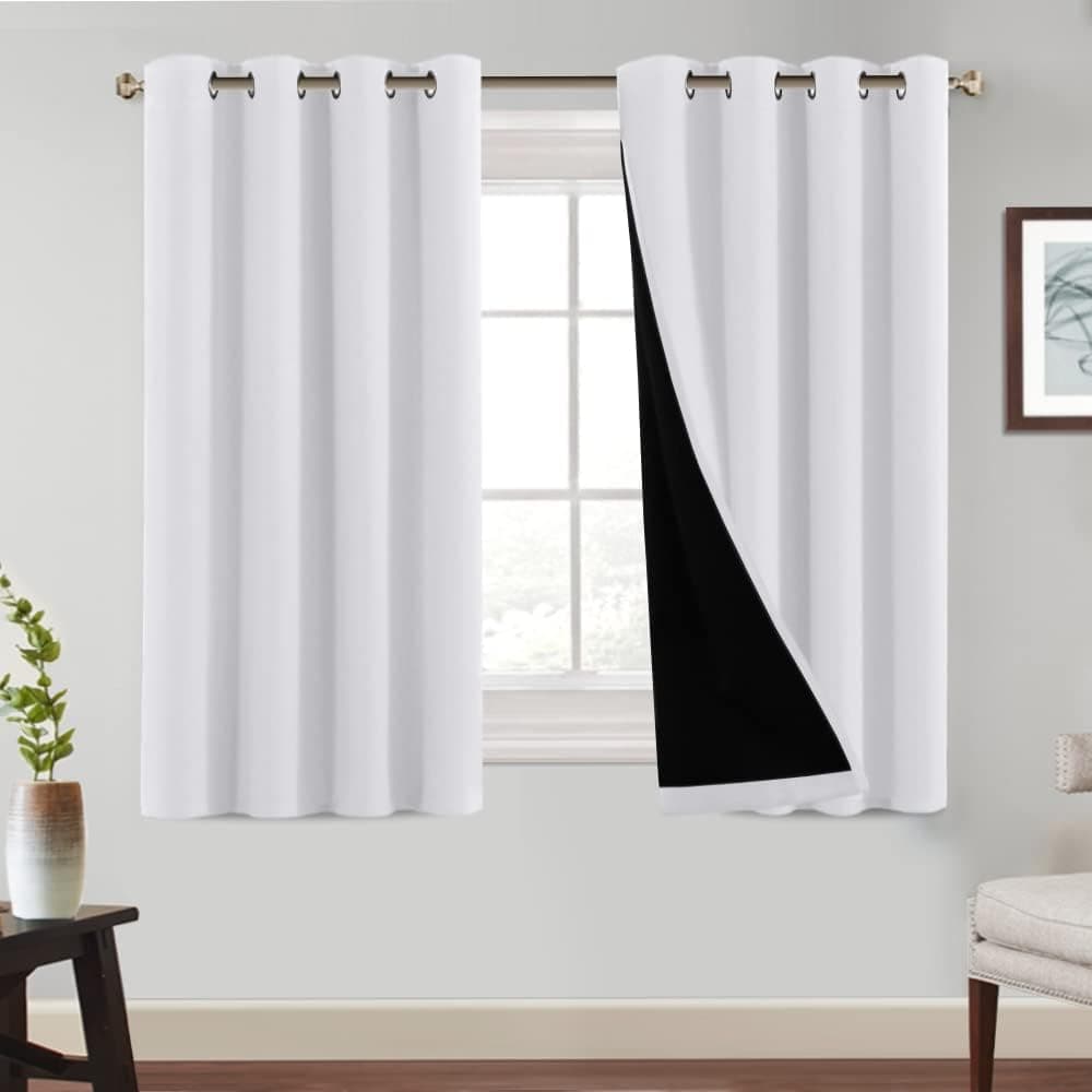PrinceDeco 100% Blackout Curtains for Bedroom with Black Liner Full Room Darkening Curtains 54 Inches Long Thermal Insulated Grommet Top Window Treatment Drapes for Living Room, Pure White, 2 Panels