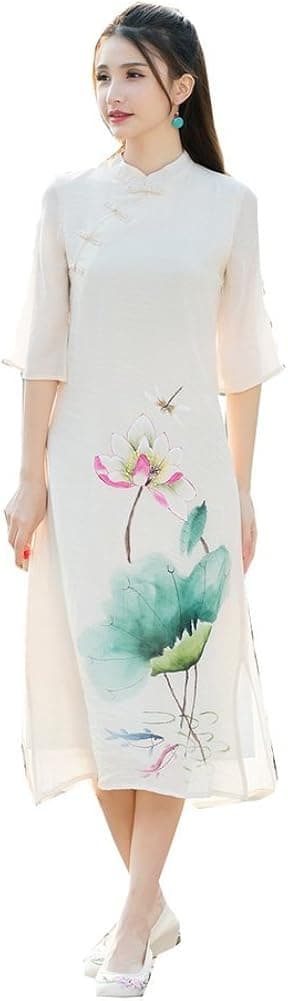 Traditional Chinese Dress Cotton Linen Hand Painted Flower Robe A-Line Dress