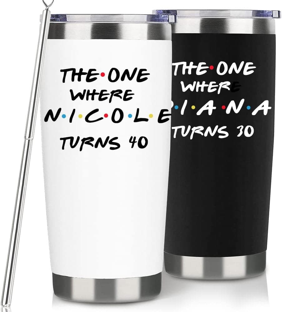 Personalized Birthday Wine Cup Gifts with Names Ages for Women Mom Daughter Aunt Sister Grandma Nana Gigi 20oz Custom Birthday White Travel Tumbler with Lid Straw Bday Presents for Friends Female