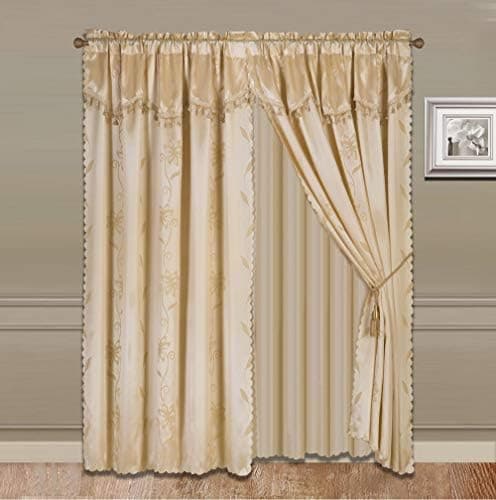 LinenTopia Decorative Two-Panel Complete Window Curtain Set (63" L x 120" Total Width), Valance + Sheer Backing, Faux Silk Shiny Curtain Set, Rod Pocket Drapes (Nadine, 63", Gold)