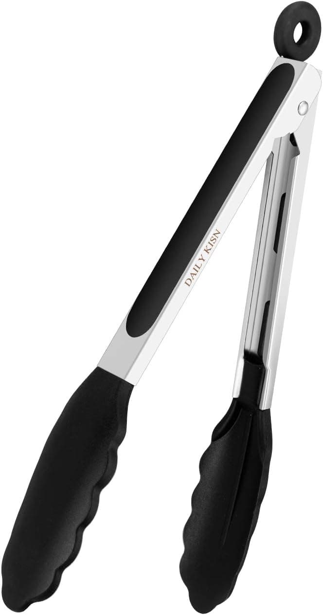 DAILY KISN 9 Inch Kitchen Tongs, Cooking Tongs with Silicone Tips and Stainless Steel Handle, Non Stick Heat Resistant Tongs for Cooking, Buffet, Salad Serving (9", Black)