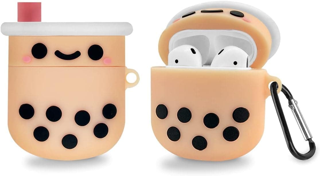 WQNIDE Case Compatible with Airpods 1/2, Premium Cute Boba Milk Tea Cartoon Character Upgrade 3D Silicone Cover Anti-Lost Anti Fall with Keychain 360°Waterproof Suitable for Girls Boys Teens