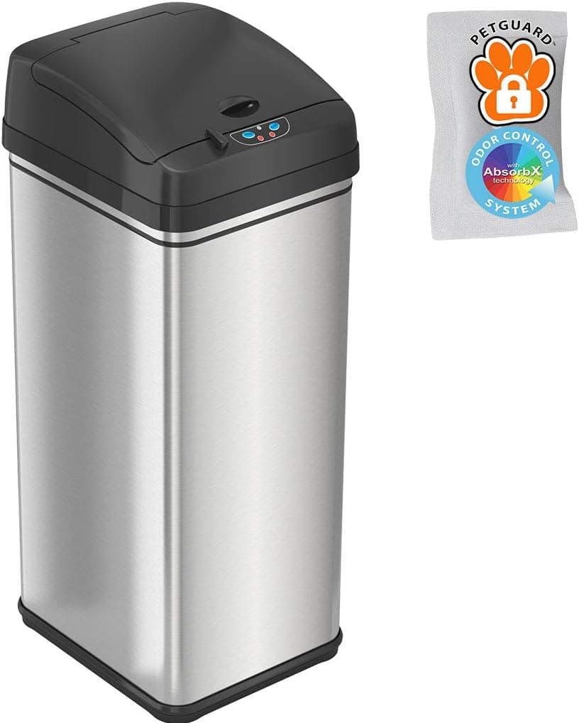 iTouchless 13 Gallon Pet-Proof Sensor Trash Can with AbsorbX Odor Filter Kitchen Garbage Bin Prevents Dogs & Cats Opening Lid, Plus, Stainless Steel with PetGuard