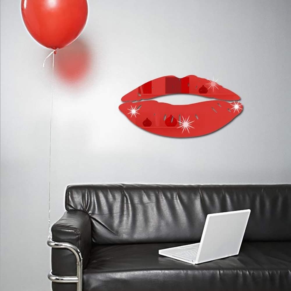 CUGBO 2 Set 3D Kiss Lips Mirror Wall Stickers Acrylic DIY Art Decals Home Room Decor (Red)