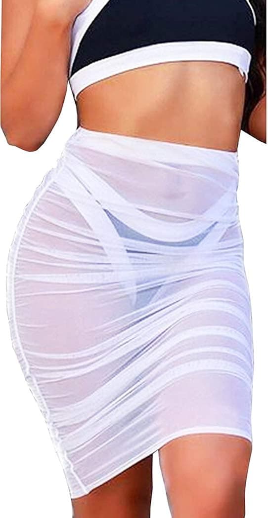 Women Sexy See-Through Maxi Swimsuit Skirt Sheer Chiffon Skinny Sarong Bikini Cover up