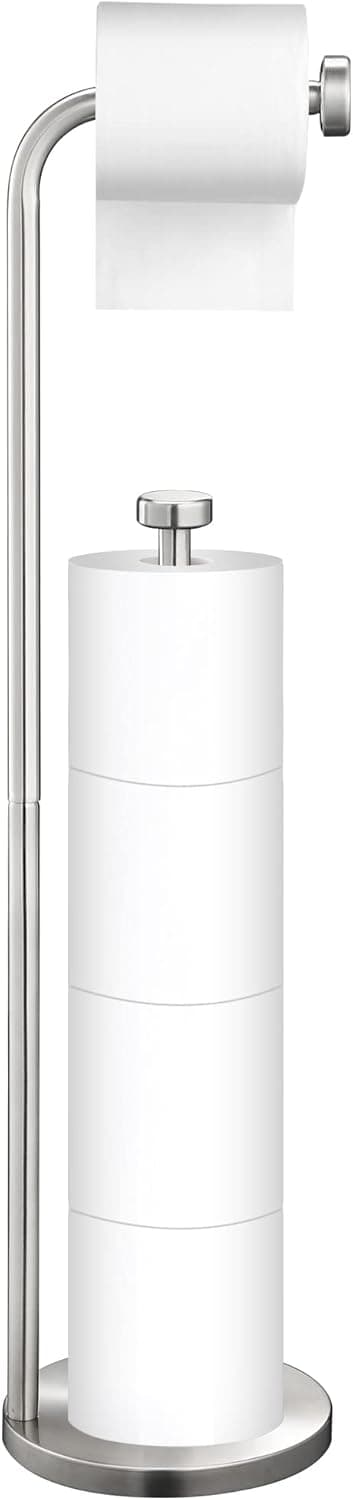 Toilet Paper Holder, Free Standing Toilet Paper Holder Stand with Shelf Storage, Bathroom Toilet Paper Roll Holder for 4 Rolls Mega Jumbo, Brushed Nickel Stainless Steel, Housen Solutions