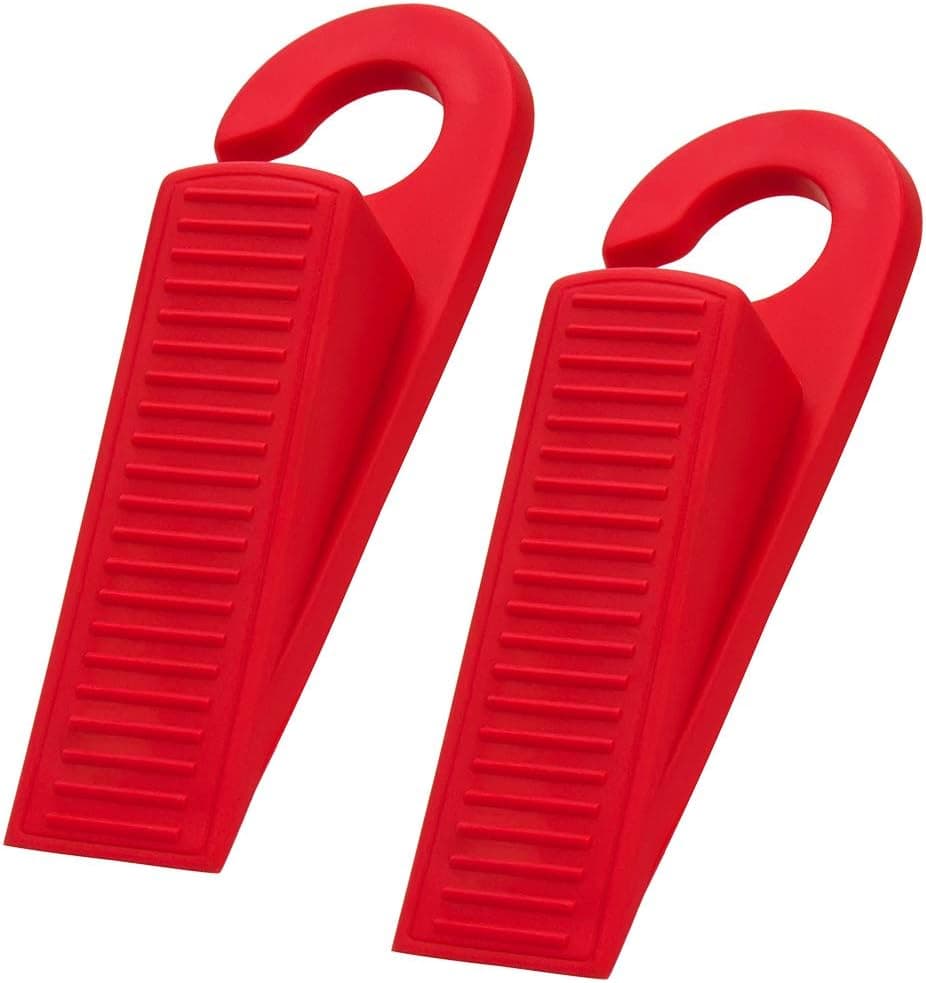 Ozland Rubber Hook Type Door Stopper, Door Stop Works on All Floor Surfaces, Control The Size of The Door Gaps and Prevent The Lock-Outs, 1 Inch Thick, 2 Pcs (Red)