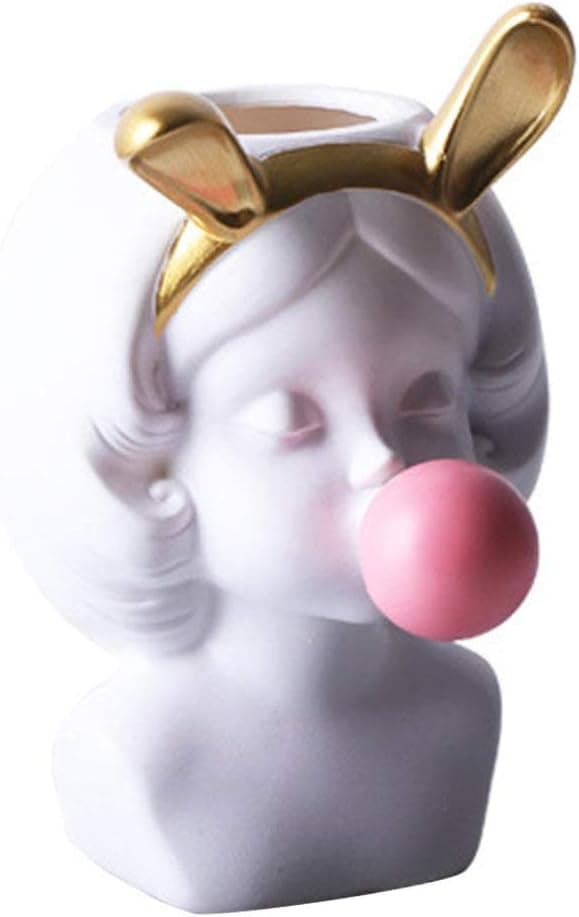 DOITOOL Girl Blowing Bubble Vase Dry Vase, Funny Resin Statue Head Planter, Rabbit Girl Face Flower Pot, Home Living Room Table Art Decoration (White)