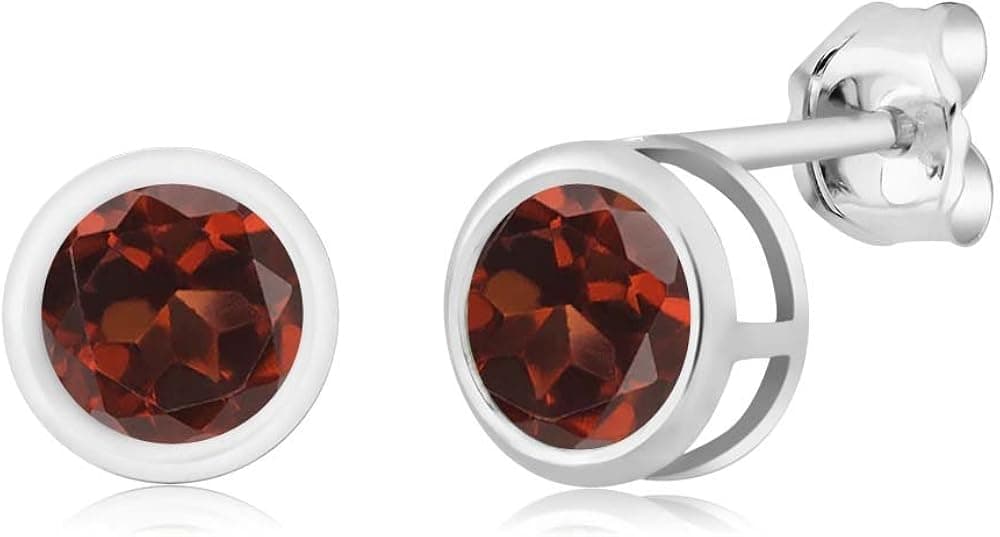 Gem Stone King 925 Sterling Silver Red Garnet Bezel Stud Earrings For Women (1.20 Ct Round 5MM)