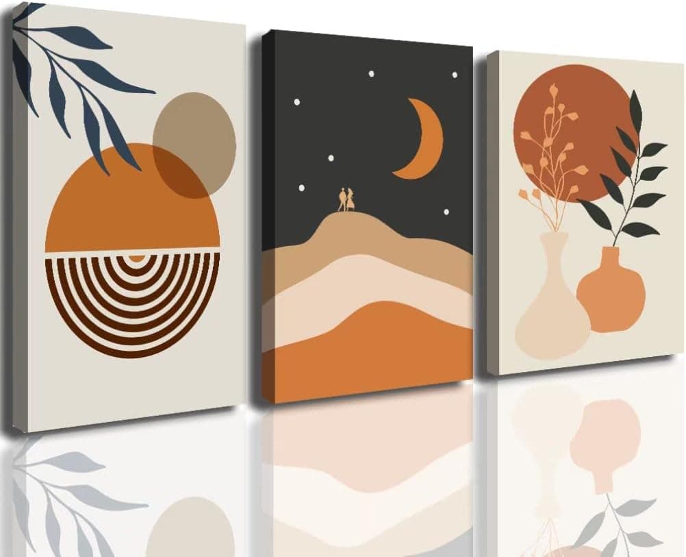 Boho Wall Art, Mid-Century Modern Wall Prints Canvas Paintings Minimalist Abstract Geometric Beige Orange Moon Plant Desert Nature Illustrations Artwork, Boho Wall Decor for Living Room Bedroom Bathroom Office No Framed(16''x24") (boho-002)