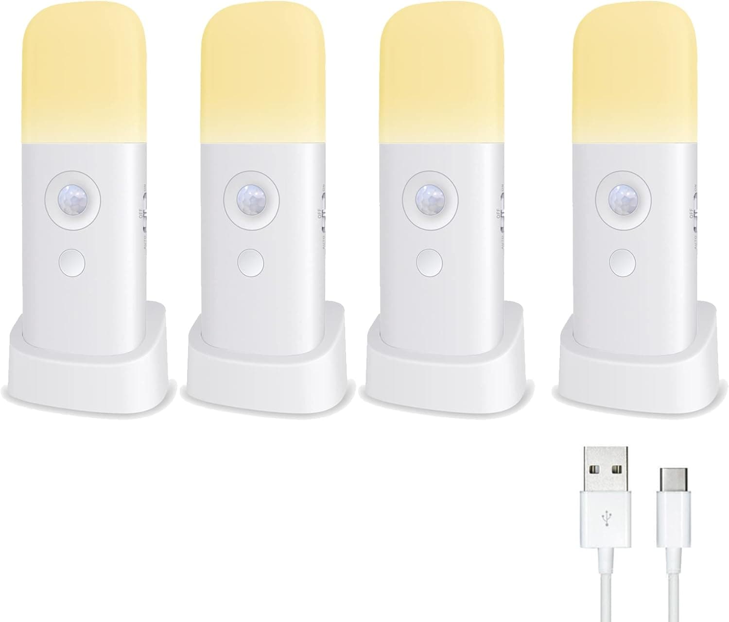 CREWEEL Motion Sensor Night Lights Indoor, Rechargeable Night Light Battery Powered, Portable Nightlight with Adjustable Brightness Activated Table Lamp for Kids, Adults(Warm Light, 4 Pack)
