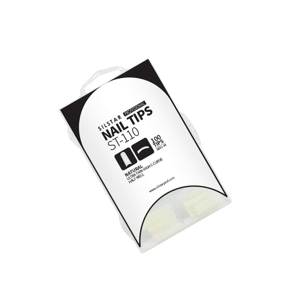 SILSTAR PROFESSIONAL NAIL TIPS ST-110 100 NAIL TIPS 1-10 NATURAL ULTRA THIN HIGH C-CURVE HALF WELL_ARTIFICIAL NAILS WITH CASE FOR SALONS AND DIY NAIL ART MADE IN KOREA