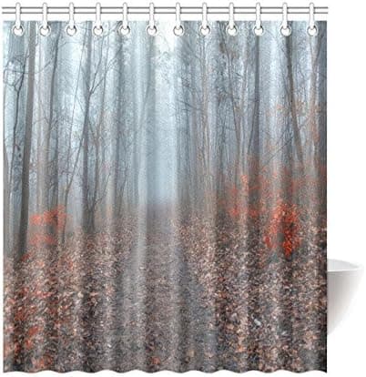 InterestPrint Farmhouse Country Home Woodland Decor, Mystic Forest Trees and Red Flowers Rainy Foggy Path Modern Art Scene Print Fabric Shower Curtain 66x72 Inches Long, Red and Gray