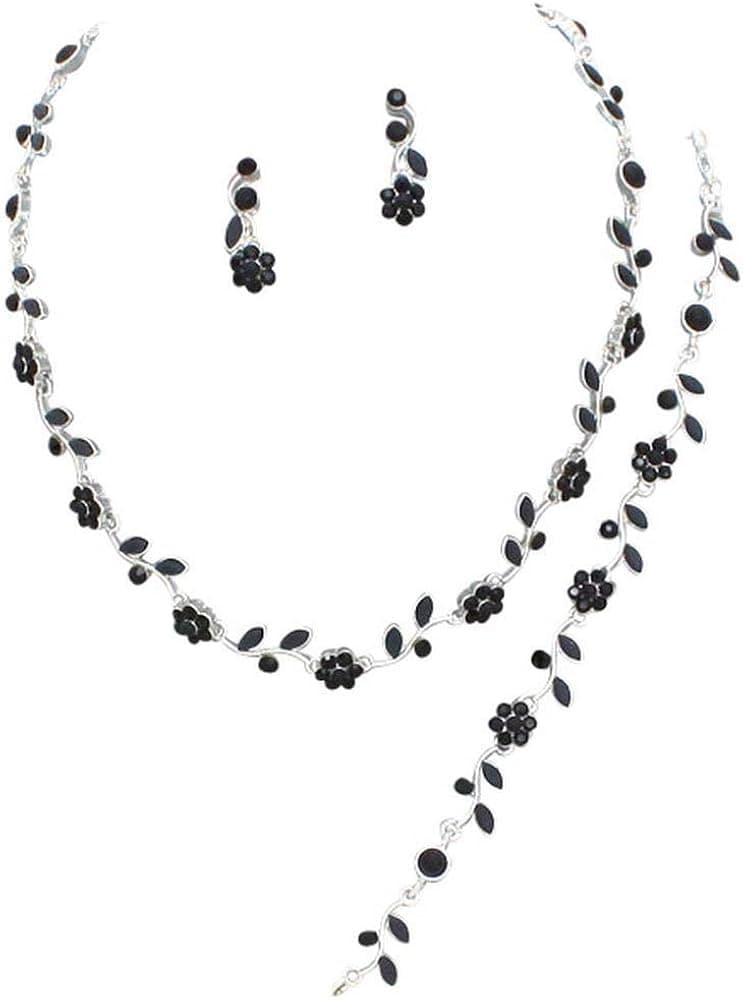Affordable Wedding Jewelry Black Crystal 3 PCS Set Silver Necklace Bracelet Earring Bridal Formal