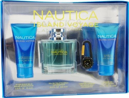 Nautica Island Voyage By Nautica For Men Edt Spray 3.4 Oz & Aftershave Balm 2.5 Oz & Shower Gel 2.5 Oz & Compass Caribiner