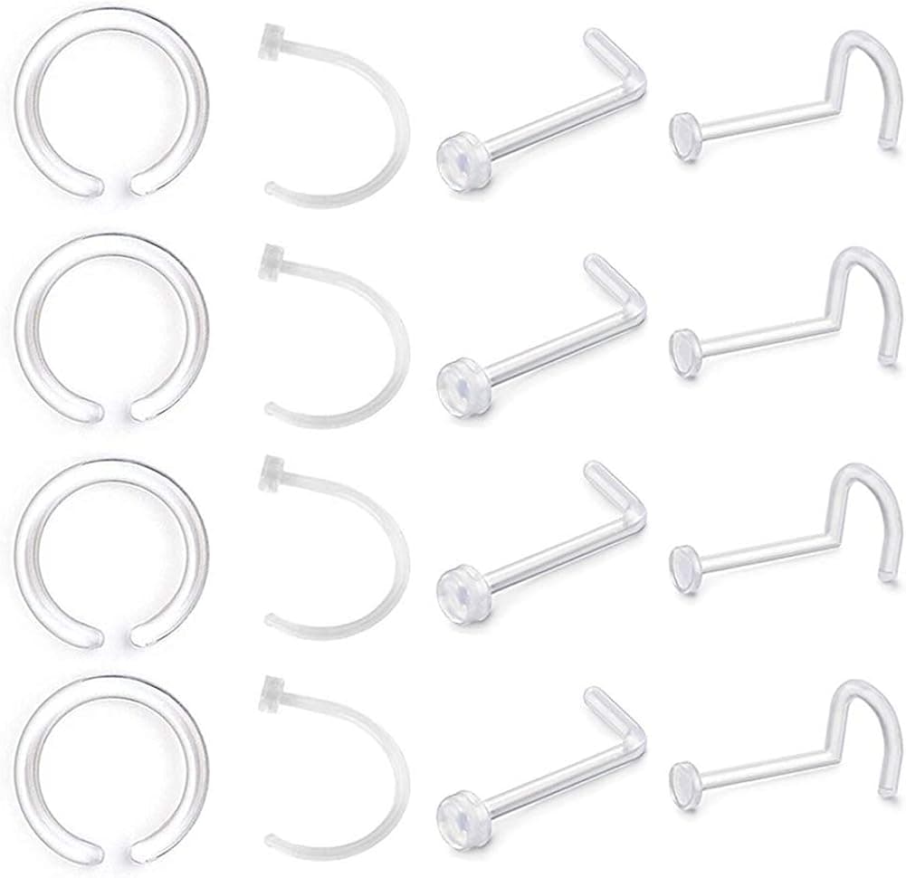 D.Bella 18G Clear Nose Rings Retainer & 20G Clear Nose Rings Hoop Flexible Acrylic Clear Nose Piercing Retainer Kit for Work Surgery