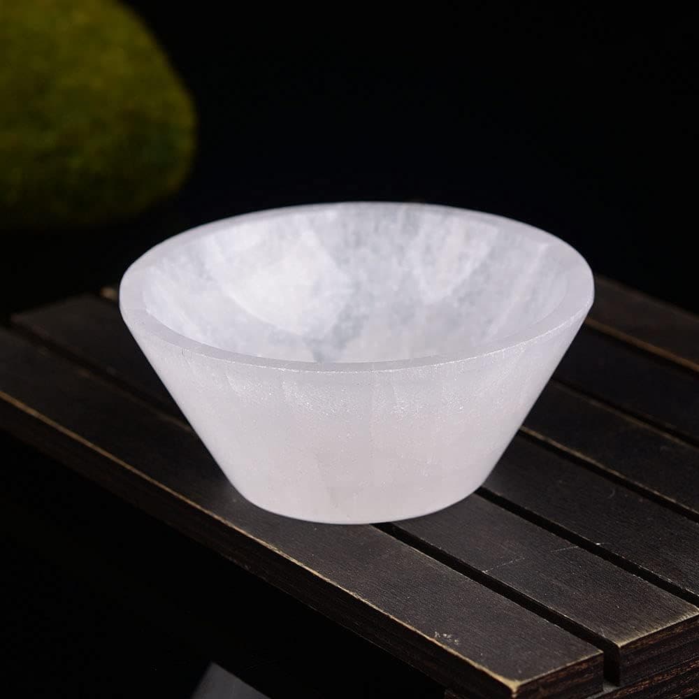 JIC Gem 3 Inch Selenite Bowl Round Hand Carved Moroccan Selenite Crystal Bowl for Charging, Healing, Home Decoration