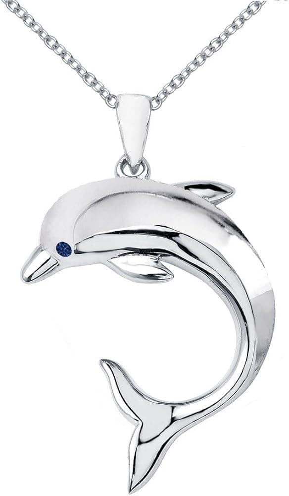 Lafonn Classic Sterling Silver Platinum Plated Lassire Sapphire Dolphin Pendant Necklace (0.02 CTTW)