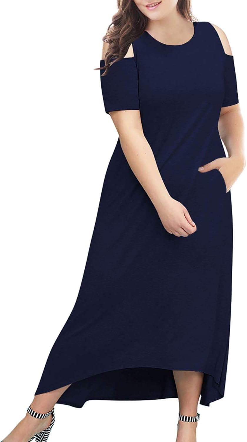 Nemidor Women's Cold Shoulder Plus Size Casual High-Low Hem Maxi Dress with Pocket