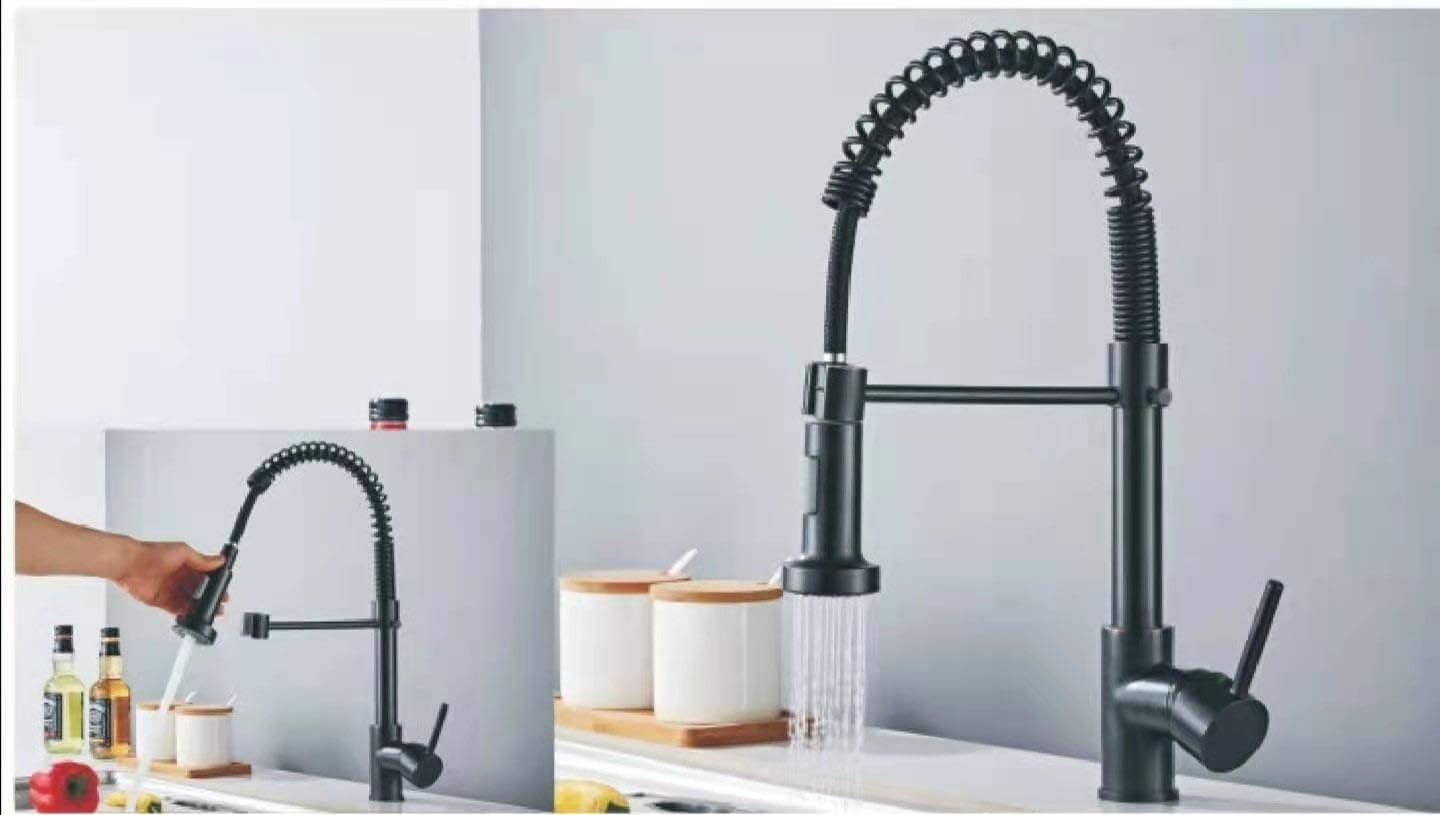 MOSHAY Kitchen Faucets Low Lead Commercial Solid Brass Single Handle Single Lever Pull Down Sprayer Spring Kitchen Sink Faucet, Brushed Nickel (Black)