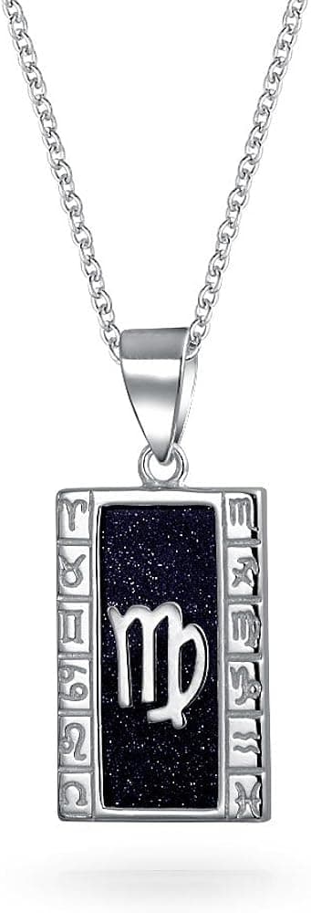 Navy Blue Goldstone Virgo Zodiac Sign Astrology Horoscope Dog Tag Pendant For Women Men Necklace 925 Sterling Silver