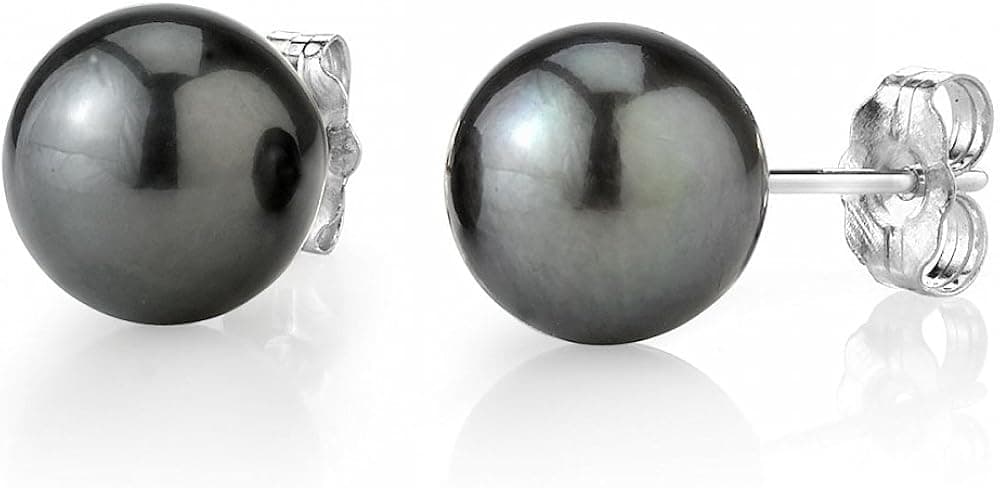 THE PEARL SOURCE 14K Gold AAAA Quality Round Tahitian South Sea Cultured Pearl Stud Earrings for Women