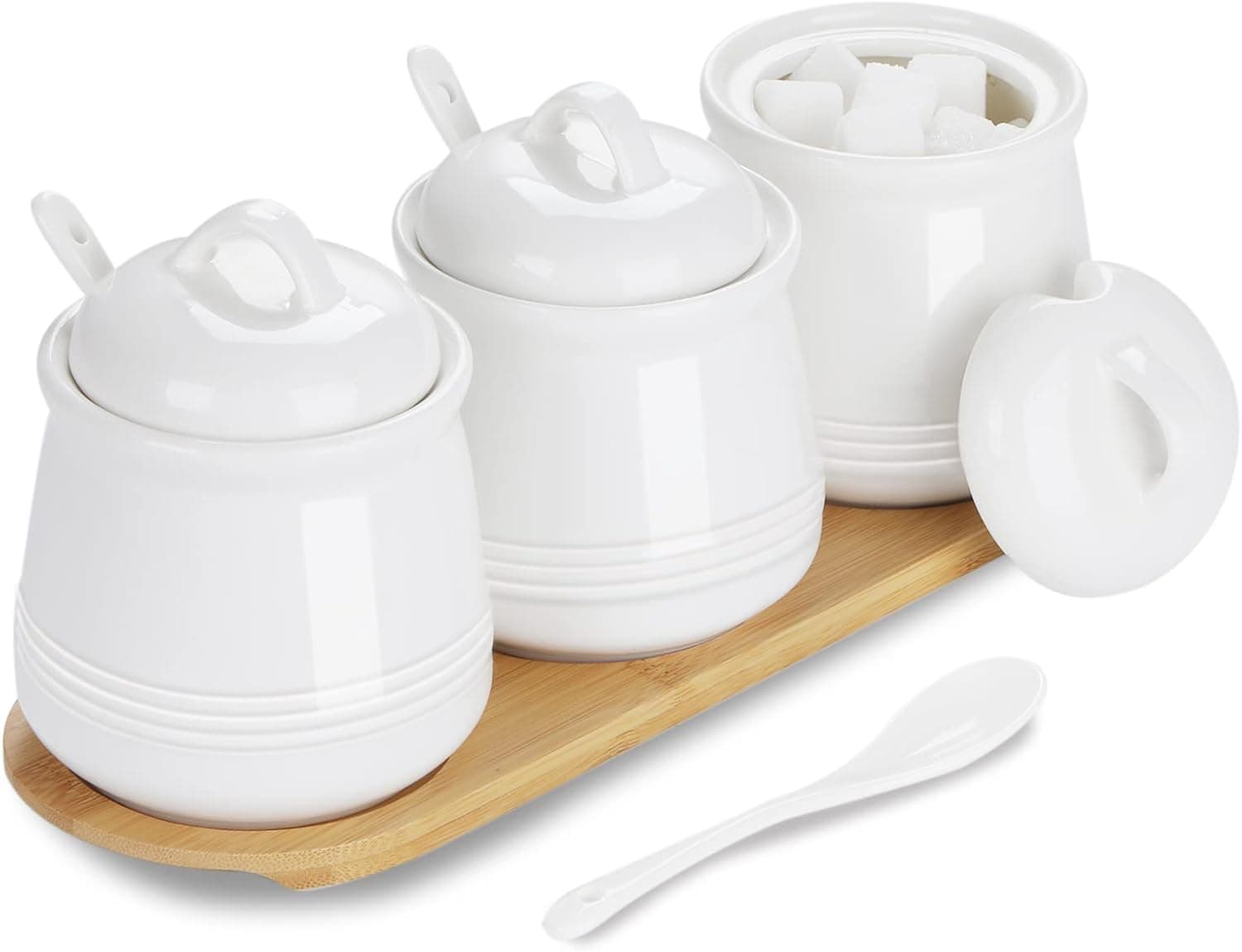 HAOTOP Porcelain Condiment Jar 3 Pack Set with Tray, 12 Ounces White