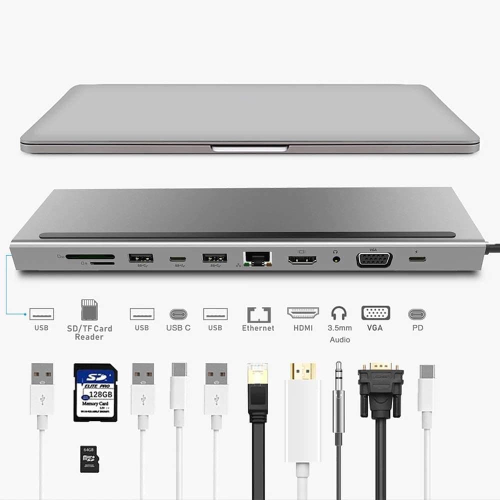 USB C HUB, LADER 11 in 1 USB Type C Adapter Docking Station with 4K HDMI, 1080P VGA, 3 USB 3.0, SD/TF Card Reader, 1 Gbps RJ45 Ethernet, Audio for MacBook/Pro/Air and Type C Laptops