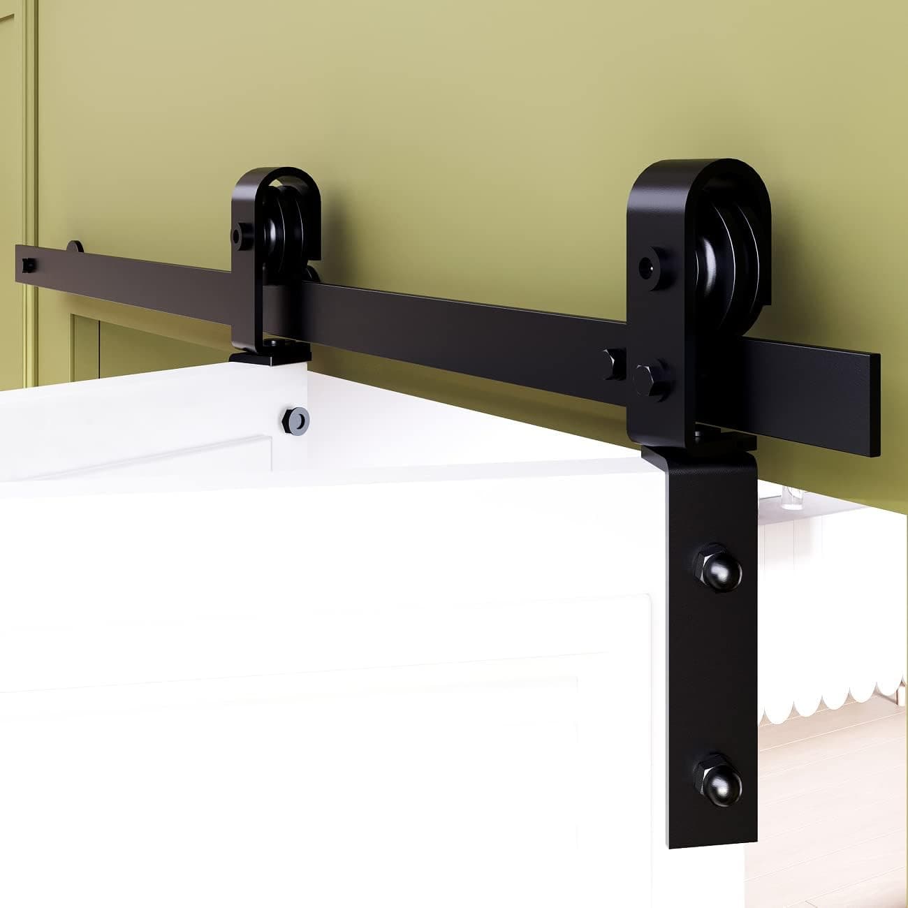 SMARTSMITH 38” Bi-Folding Barn Sliding Door Hardware J Shape Mount t Track Kit, Upgraded Standard Size Door Based Design, Heavy Duty Side Mounted Black Roller Fit 2x18" Door Panels, Doors not Included