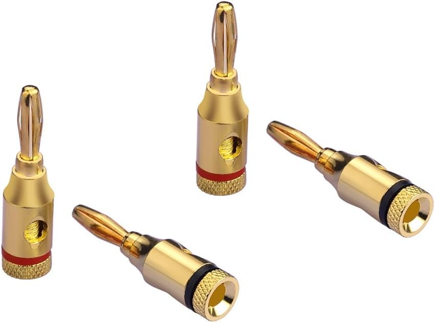 Eightnoo 24k Gold Plated 4mm Banana Plug for Audio Video Speaker Cable, Open Screw Type (Pack of 4)