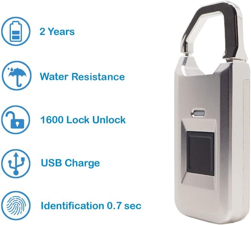 XLock Fingerprint Padlock Smart | Lock Unlock 1500~1600 | Response time < 1 sec | Security I-Key | Store up to 30 Sets Fingerprint | Water Resistant (Stainless Silver)