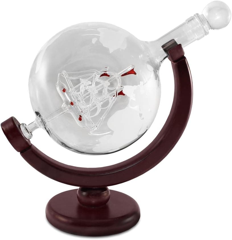 The Connoisseur-Tabletop Liquor Decanter: Premium Quality Wine Stand w/Hand Blown Glass Globe Shaped Carafe - Whiskey, Bourbon, Scotch, Spirits & Wine Drinks, Elegant Vintage Alcohol Holder (Red)