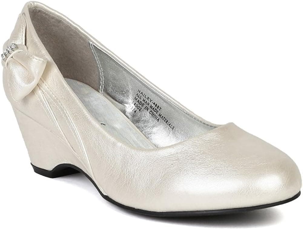 Leatherette Round Toe Bow Kiddie Heel Wedge Sandal (Toddler/Little Girl/Big Girl) BA59 - Ivory