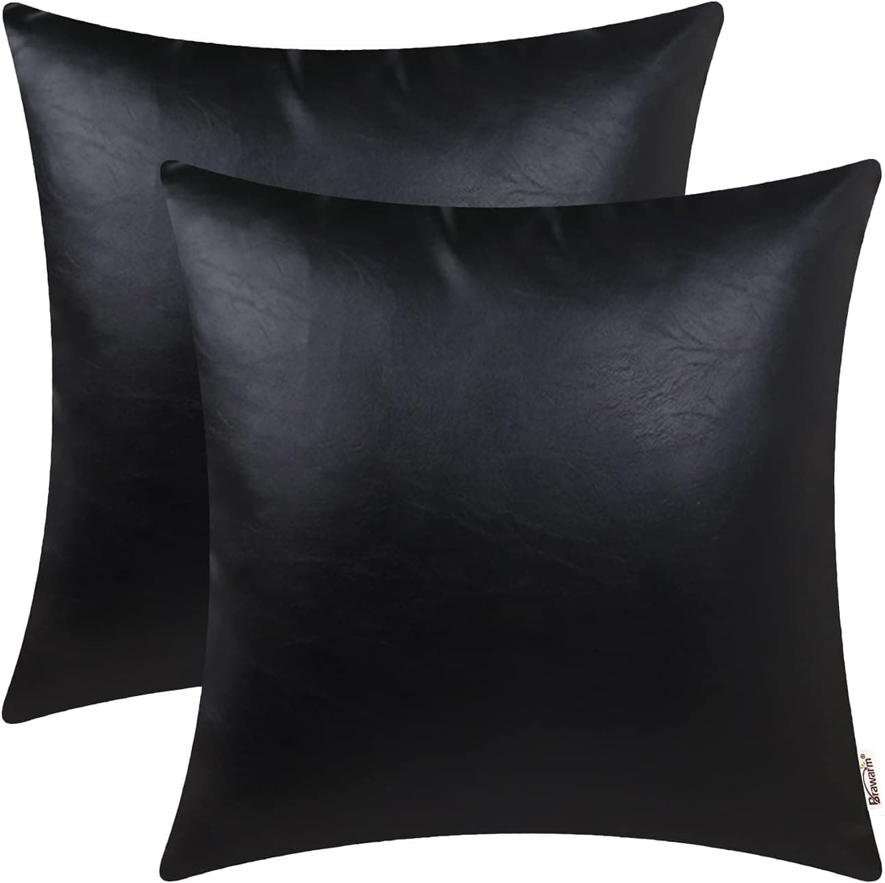 BRAWARM Faux Leather Throw Pillow Covers 16 X 16 Inches - Black Leather Pilow Covers Pack of 2, Solid Dyed Leather Pillowcases for Couch Bed Sofa Garden Home Decorative