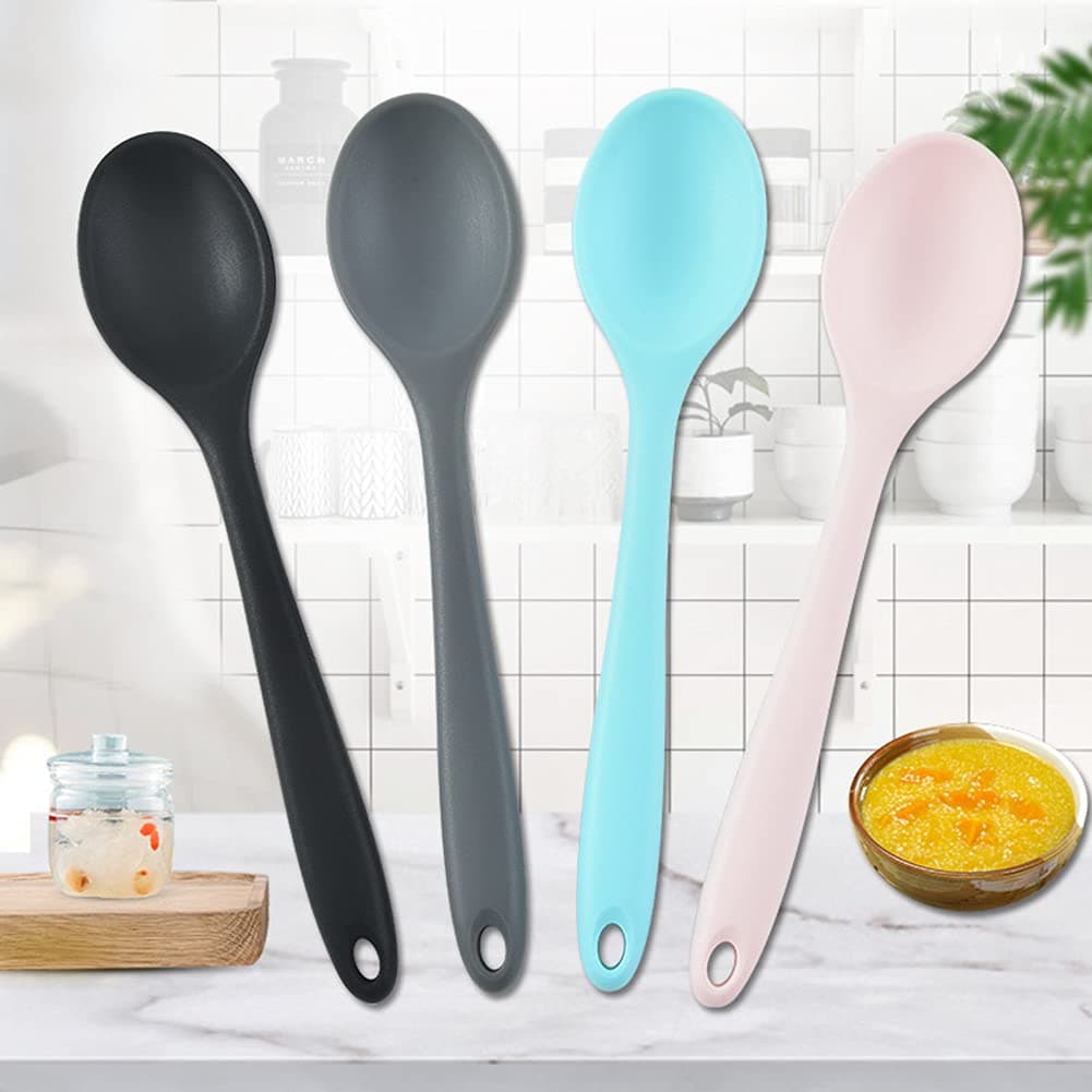 Food-Grade Silicone Children's Spoon, Integrated Cooking Long-Handle Spoon, Non-Stick Mixing Spoon, Used for Kitchen Cooking Stirrer (Random Color 1pcs)