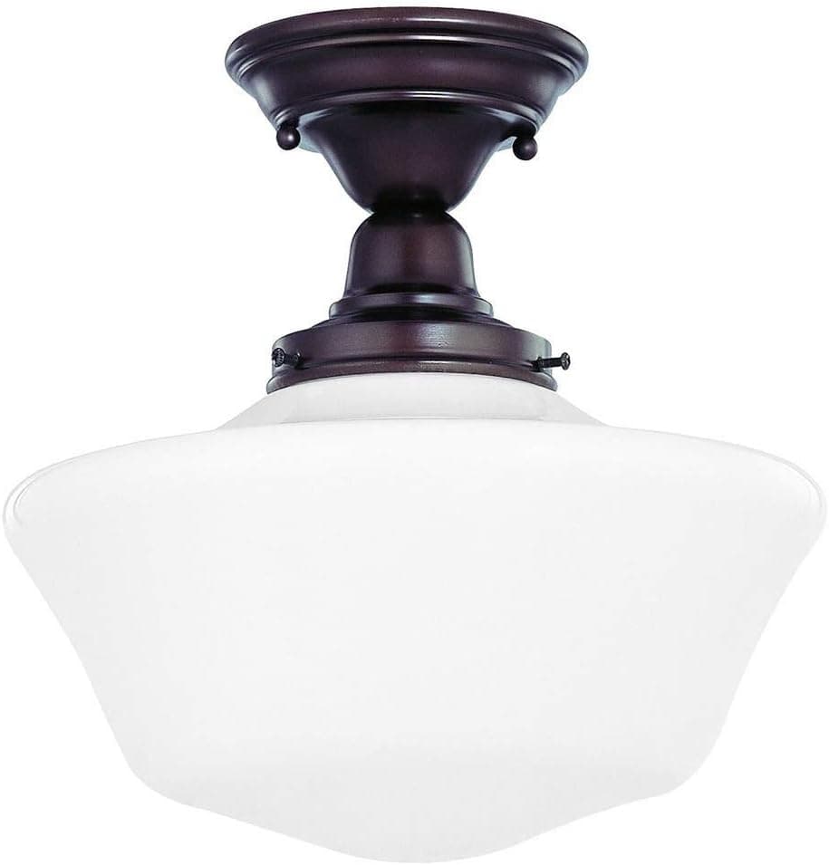 Design Classics 12-Inch Schoolhouse Semi-Flush Ceiling Light with Opal White Glass and in Bronze Finish