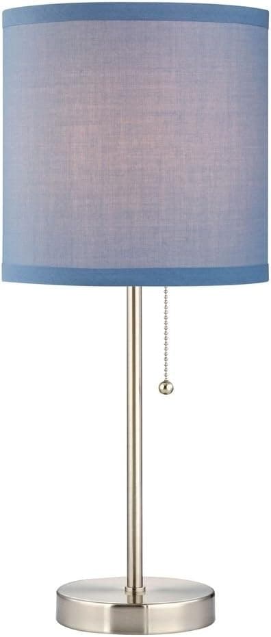 Satin Nickel Table Lamp with Blue Linen Drum Shade