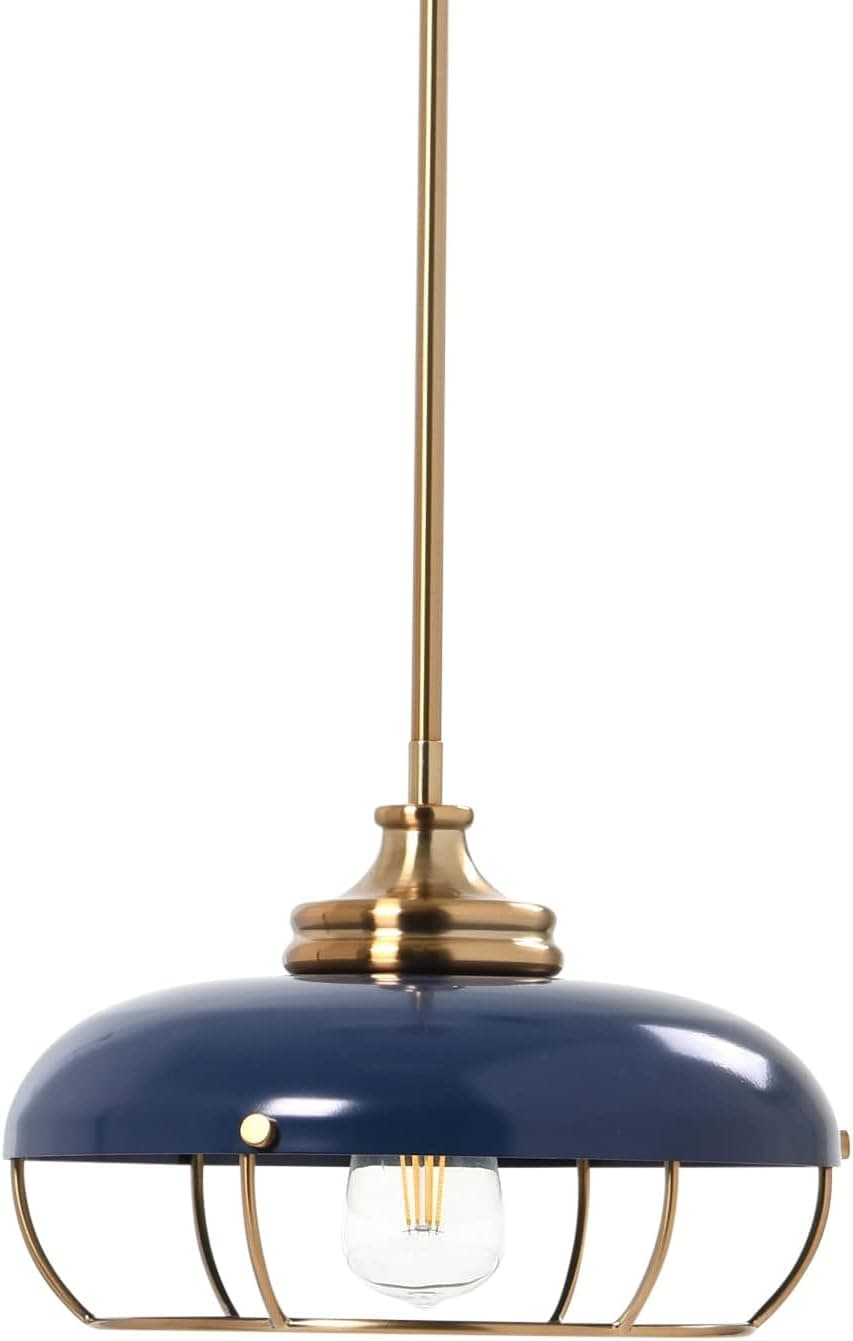 Robert Stevenson Lighting Presley - Caged Dome Metal Ceiling Light, Brushed Brass and Navy Blue