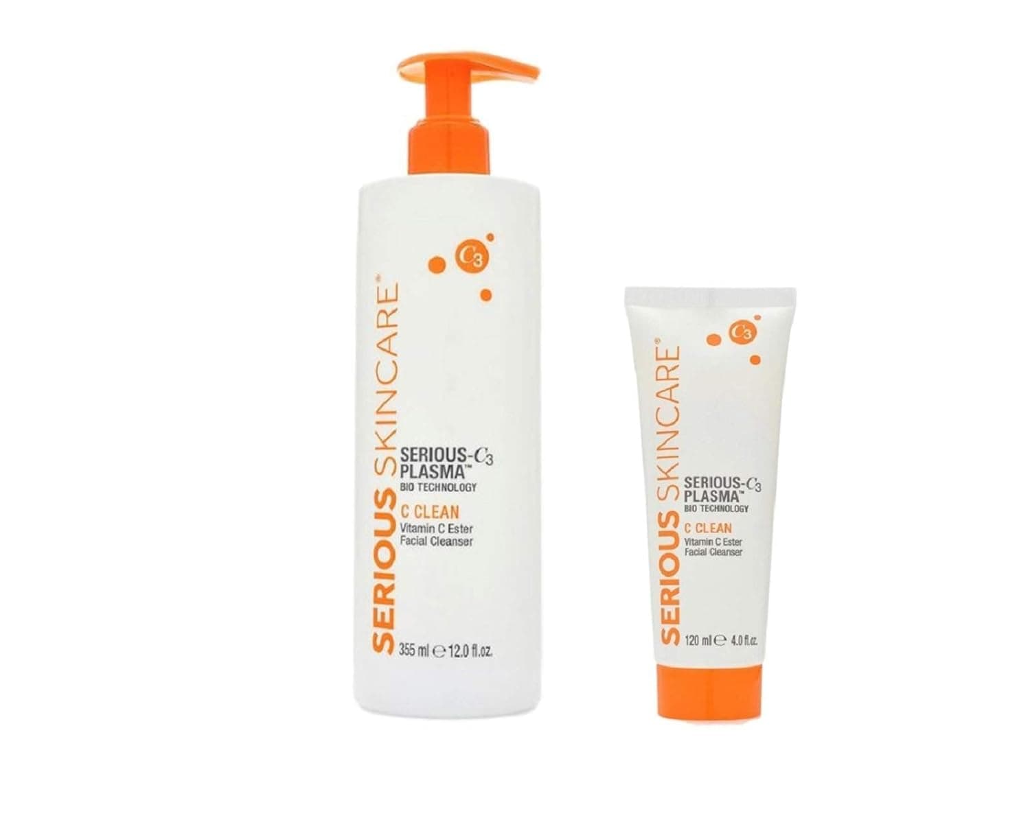 Serious Skincare Serious-C3 Plasma Vitamin C Facial Cleanser- for Bright and Hydrated Skin -Hydrolyzed Collagen - For Dry and Mature Skin (1) 12 oz. and (1) 4 oz. Travel Size