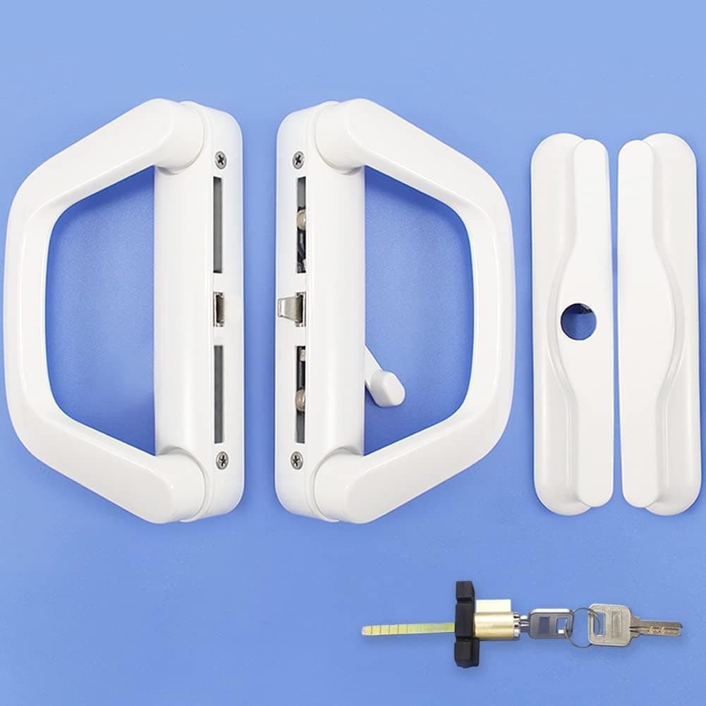 ALLYWASAI Sliding Patio Door Handle Set with Mortise Lock, Suitable for Sliding Glass Patio Door Thickness from 0.75in to 1.4in, 4-15/16" Screw Holes, Double Sides Open, Lock Outside, Keyed, White