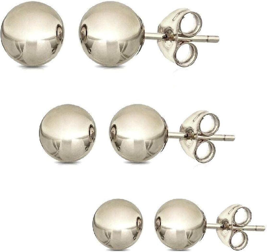 14K Solid Gold Ball Stud Earrings (3-Pair-Pack) 3MM 4MM and 5MM - Choose a Color