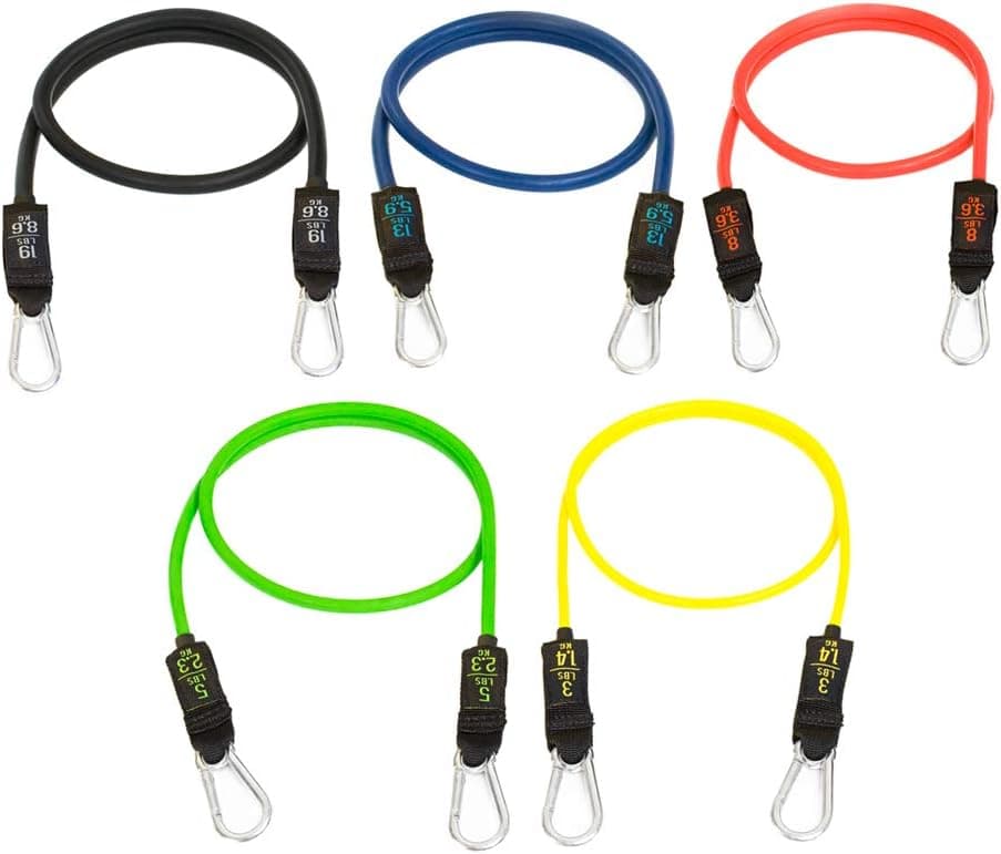 Bodylastics Stackable Resistance Bands - 5-Band Resistance Band Pack - Patented Snap Reduction Tech Workout Bands - Malaysian Latex, Strong Nickel Coated Iron Clips - Heavy Duty Fitness Bands, 96lb