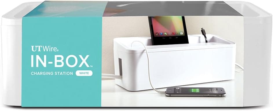 In-Box Desktop Mobile Charging Station & Power Strip Organizing Box, White