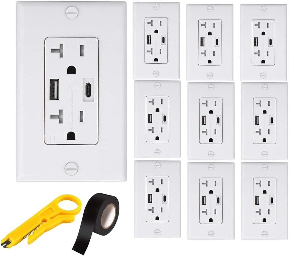 TEKLECTRIC 4.0A High Speed USB A/USB C Receptacle 20A Tamper Resistant Receptacle ETL Approved & Free Wall Plate, White USB A/ USB Type C (10 Pack)