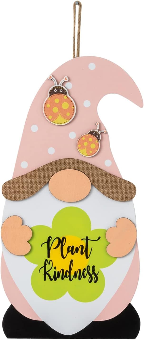 DECSPAS Spring Decor, 17" Pink Gnomes Spring Decorations for Home, Spotted Ladybugs Ornaments Floral Plant Kindness Sign Spring Door Decor for Front Door Porch