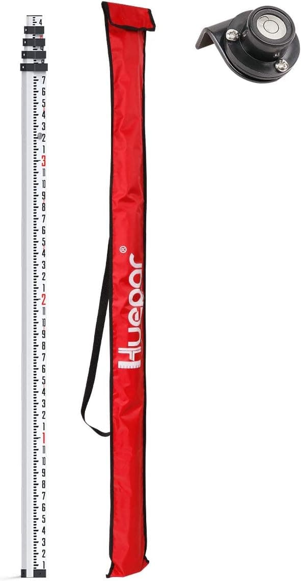 Huepar 16 - Foot Aluminium Grade Rod -8ths 5 Sections Telescopic with Bubble Level - Waterproof Soft Carrying Bag Included GR5