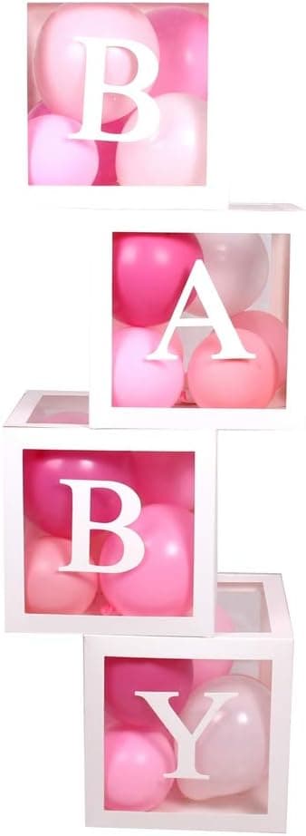 REVELL Baby Shower Balloon Boxes Party Decorations For Boys Girls. 4 Piece Transparent Balloon Blocks With Individual Letters BABY. Designed for Baby Shower Bridal Shower First Birthday Party Favor Gender Reveal Backdrop Home Decor