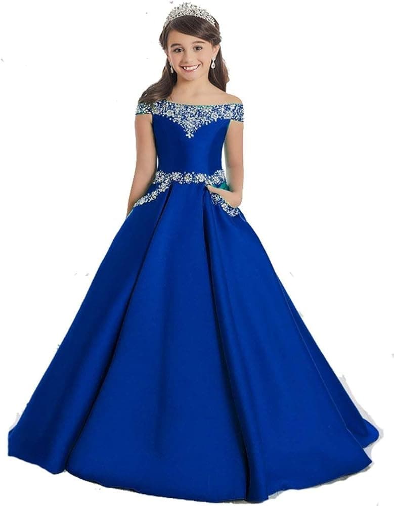 Y&C Girls Halter Crystal Floor Length Ruffled Ball Gown Beads Pageant Dresses